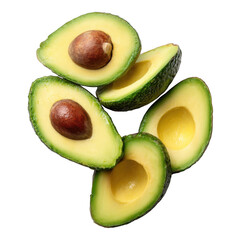 A close up shot of halved avocados with pits on a transparent background showing the green flesh and skin