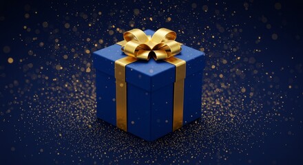 Photo Of A Blue Gift Box With Gold Ribbon And Glitter On Dark Background