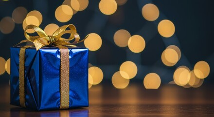 Photo of a Blue Gift Box with Gold Ribbon and Bokeh Background