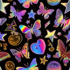 Seamless Y2K stickers collage butterflies, smileys, stars on holographic foil