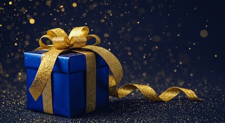 Photo of a Blue Gift Box with Gold Ribbon on a Dark Background