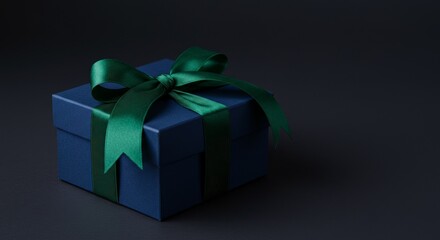 Photo Of A Blue Gift Box With Green Ribbon On A Dark Background
