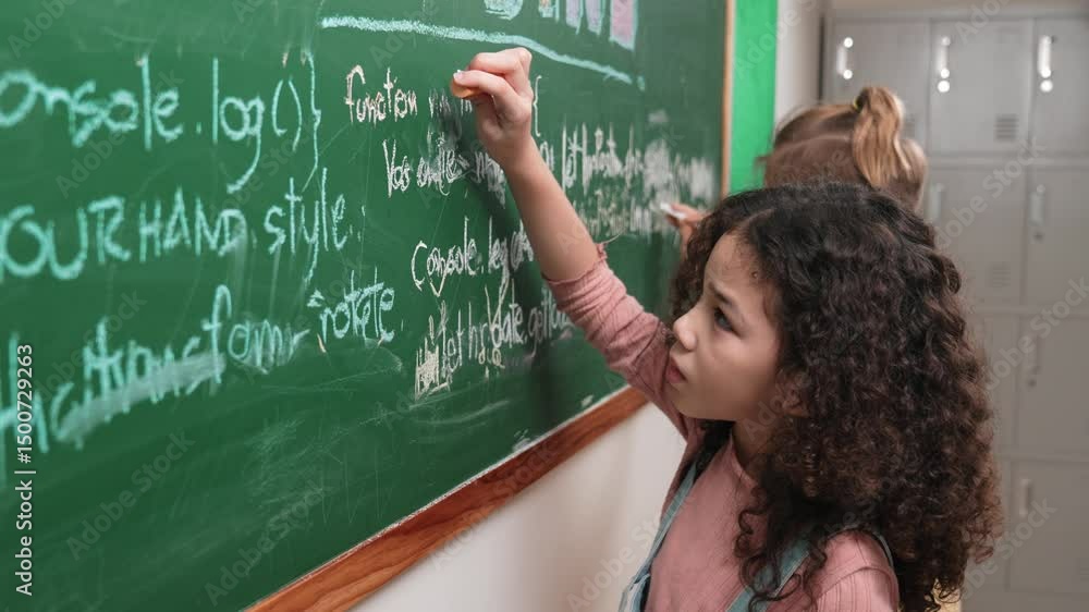 Poster american student studying coding engineering prompt while writing answer on blackboard. intelligence