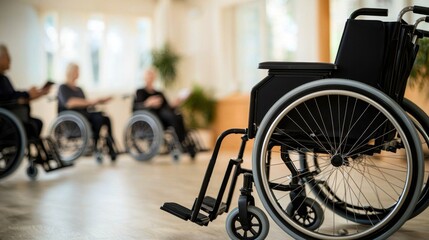 Obraz premium Group of Wheelchairs in a Bright Room with Seniors Engaging in Activity and Conversation