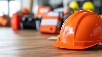Bright Orange Safety Helmet on Wooden Table with Construction Tools in Background for Building Industry Use