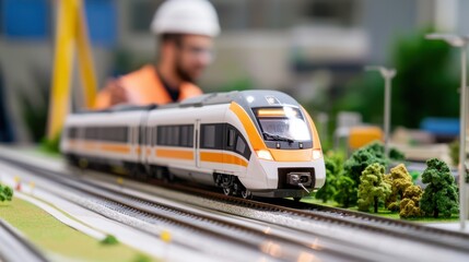 Model train on tracks in a miniature landscape with a person working in the background at a diorama setup