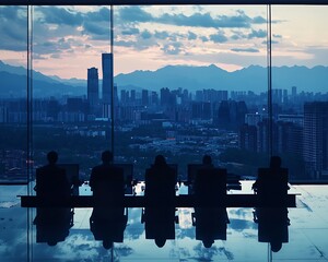 Naklejka na ściany i meble Corporate team at sunset overlooking city