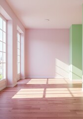 Photo Of A Bright Empty Room With Sunlight Shining Through Windows and Wooden Floor