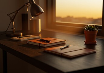 Photo of a Brown Desk with Notebooks Lamp and Cactus during Sunset