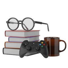 Eyeglasses, Books, Game Controller, and Mug Isolated on White Background