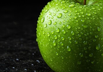 Photo of a Green Apple with Water Droplets Showing Texture and Detail