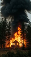 Photo Of A Burning Wooden House In A Dark Forest With Black Smoke And Orange Flames