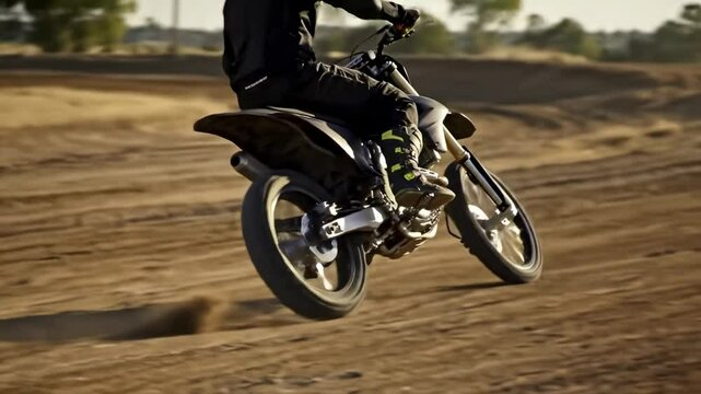 Rider skillfully navigating a dirt bike through a sandy terrain with trees in the background under clear skies - moto stunt bike