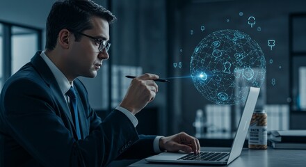 Photo of a Businessman in Glasses Working with a Laptop in a Modern Office with Digital Data Overlay
