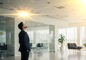 Photo Of A Businessman Looking Up At Sunlight in a Modern Office