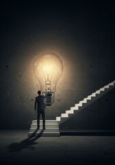 Photo Of A Businessman Standing Near A Light Bulb And Climbing Stairs Towards The Light