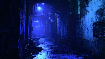 Grungy alleyway bathed in a cool blue light.