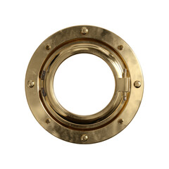 A close up shot of a shiny golden porthole with visible rivets against a transparent background