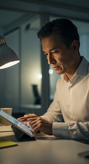Photo of a Businessman Working on a Tablet in an Office at Night