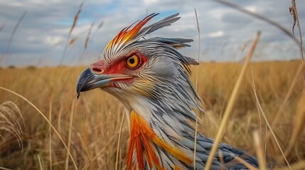 A Secretary Bird is Hunting Snakes on the African Grassland