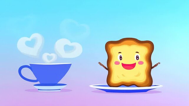 Blue teacup and saucer on light blue background with floating white hearts and smiling slice of toast &mdash; whimsical, cheerful scene perfect for lifestyle, breakfast or feel-good themed visuals