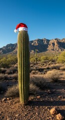 Photo Of A Cactus Wearing Santa Hat Against a Desert and Mountain Background