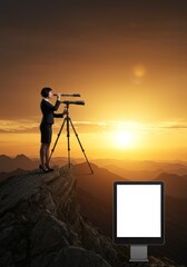 Photo Of A Businesswoman Using A Telescope On A Mountain At Sunset