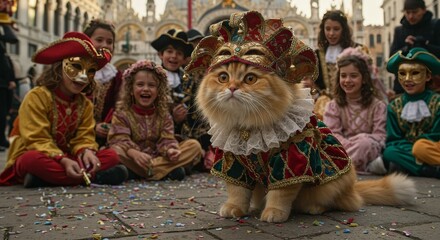 Photo Of A Cat In Carnival Costume Surrounded By Smiling Children in Venice
