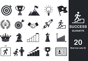 A set of success-themed silhouette icons. Features simple, bold designs like medals, flags, targets, and podiums. Perfect for minimal branding and business materials.