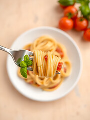 Fork with tasty pasta and basil on color background, close up view