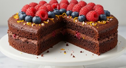 Photo Of A Chocolate Cake With Raspberries And Blueberries On White Plate