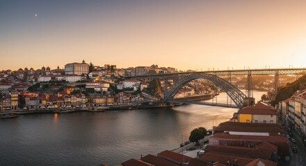 Photo of a Cityscape Bridge over River at Sunset with Golden Light and Water Reflection