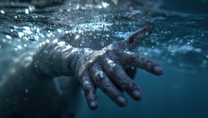 Outstretched hand reaching through turbulent water.