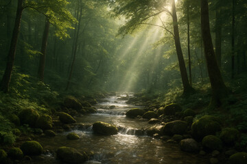 Obraz premium Sunbeams Breaking Through Forest Canopy Over Mossy Stream in Peaceful Morning Scene 