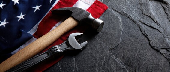 Hammer and wrench on American flag background.