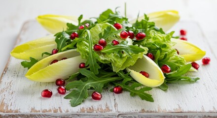 Photo of a Colorful Fresh Salad with Green Leaves and Pomegranate on Wooden Plate