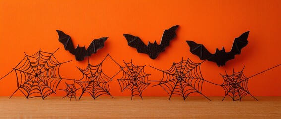 Halloween decorations with bats and spider webs.