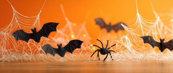Halloween scene with bats and a spider on orange background.