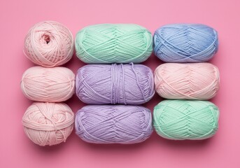 Photo of a Colorful Yarn Arrangement on Pink Background Studio Shot