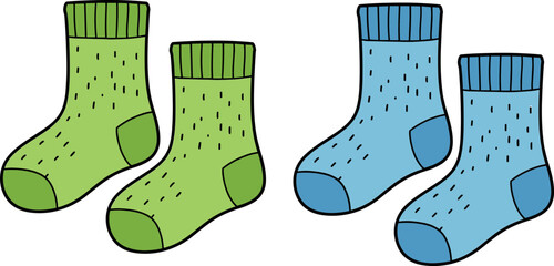Colorful children's socks in green and blue on a white background  