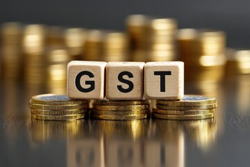GST blocks on stacked coins symbolizing economy.