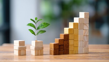 Plant growing alongside wooden block steps showing progress.