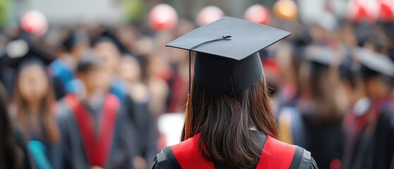 Female graduate in cap and gown at ceremony.
