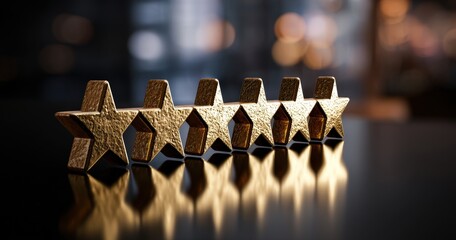 Golden stars arranged in a row on a dark surface.