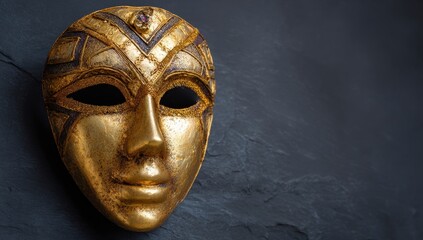 Elegant golden mask against dark stone background.