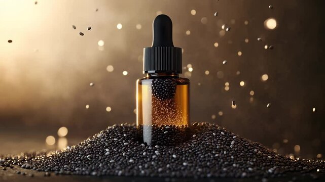 A bottle of oil is on top of a pile of chia seeds. The bottle is brown and the chia seeds are black