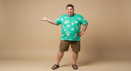 Photo of a Man in Hawaiian Shirt and Shorts Presenting Smiling in Studio