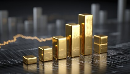 Gold bars arranged as a financial graph on a dark background.