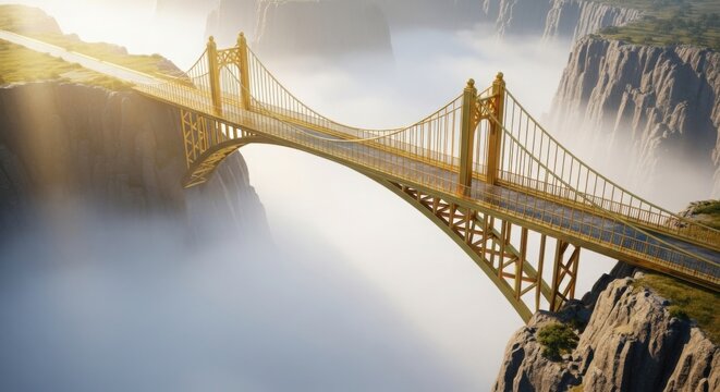 Golden bridges connecting two cliffs over white mist metaphor for partnership