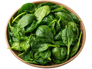 Fototapeta premium Fresh spinach leaves in round ceramic plate, vibrant green and healthy, perfect for salads or cooking. This nutritious vegetable adds flavor and color to any dish
